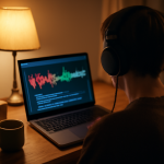 Person mit Kopfhörern hört am Laptop einen KI-generierten Song an
