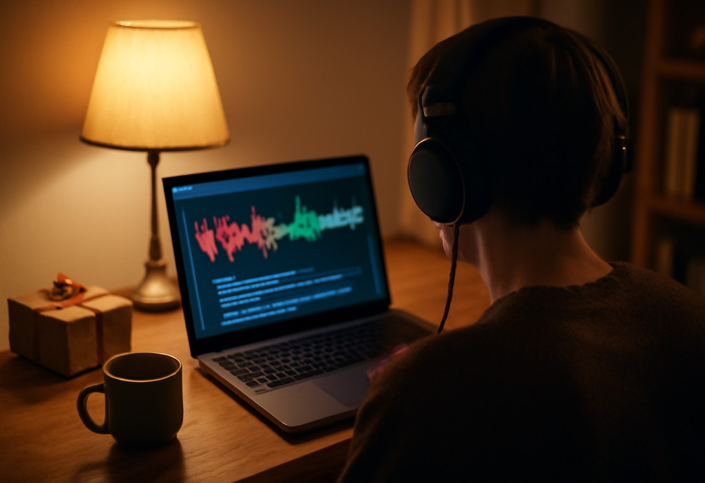 Person mit Kopfhörern hört am Laptop einen KI-generierten Song an